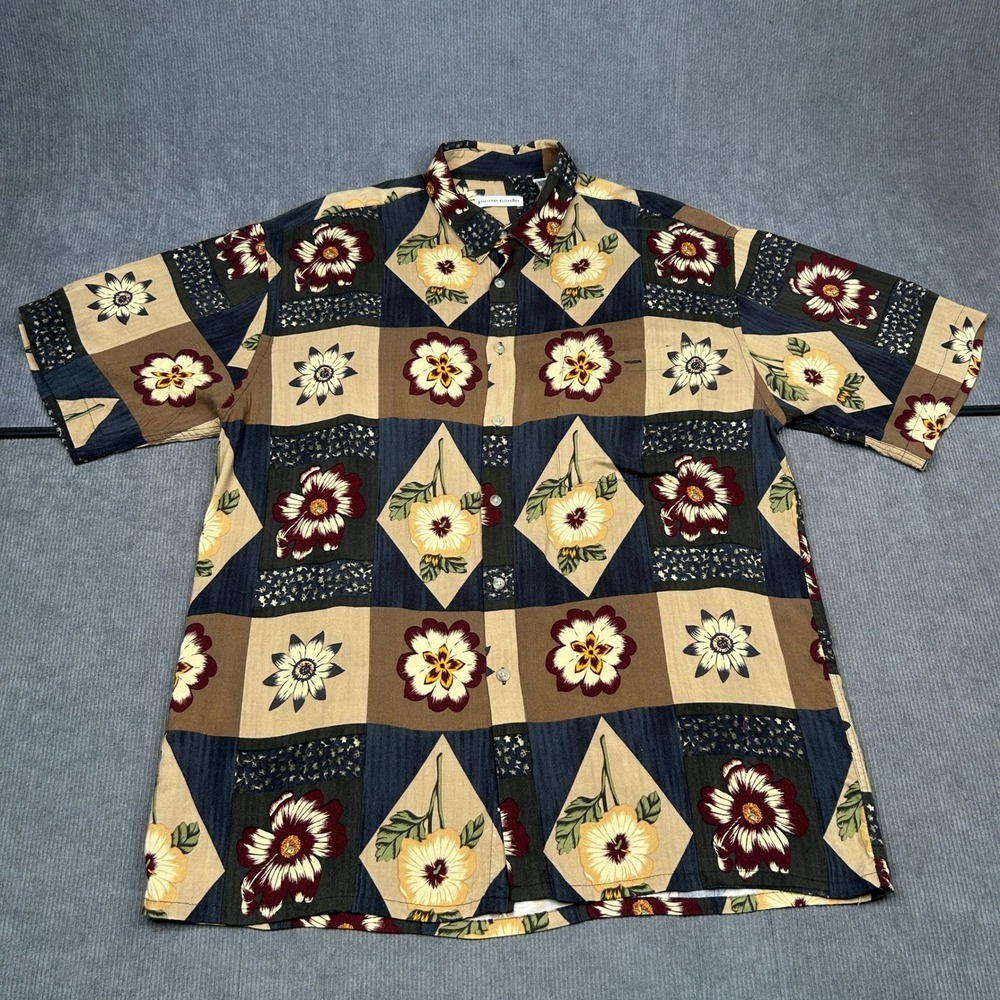 Pierre Cardin Floral Patchwork Button Down Shirt Multicolor Rayon Sz L Boho Y2k